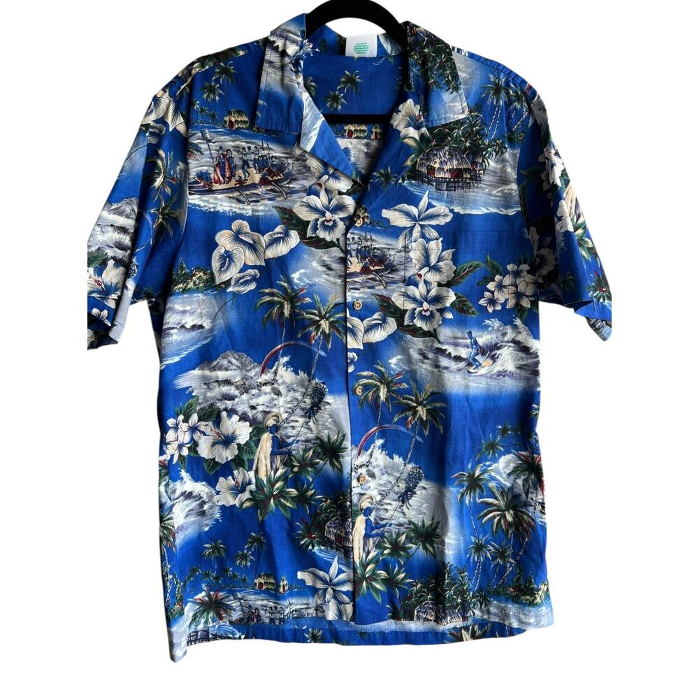 Vintage Jade Fashions Men's Aloha Tiki Button Up Shirt Floral Blue Size Large